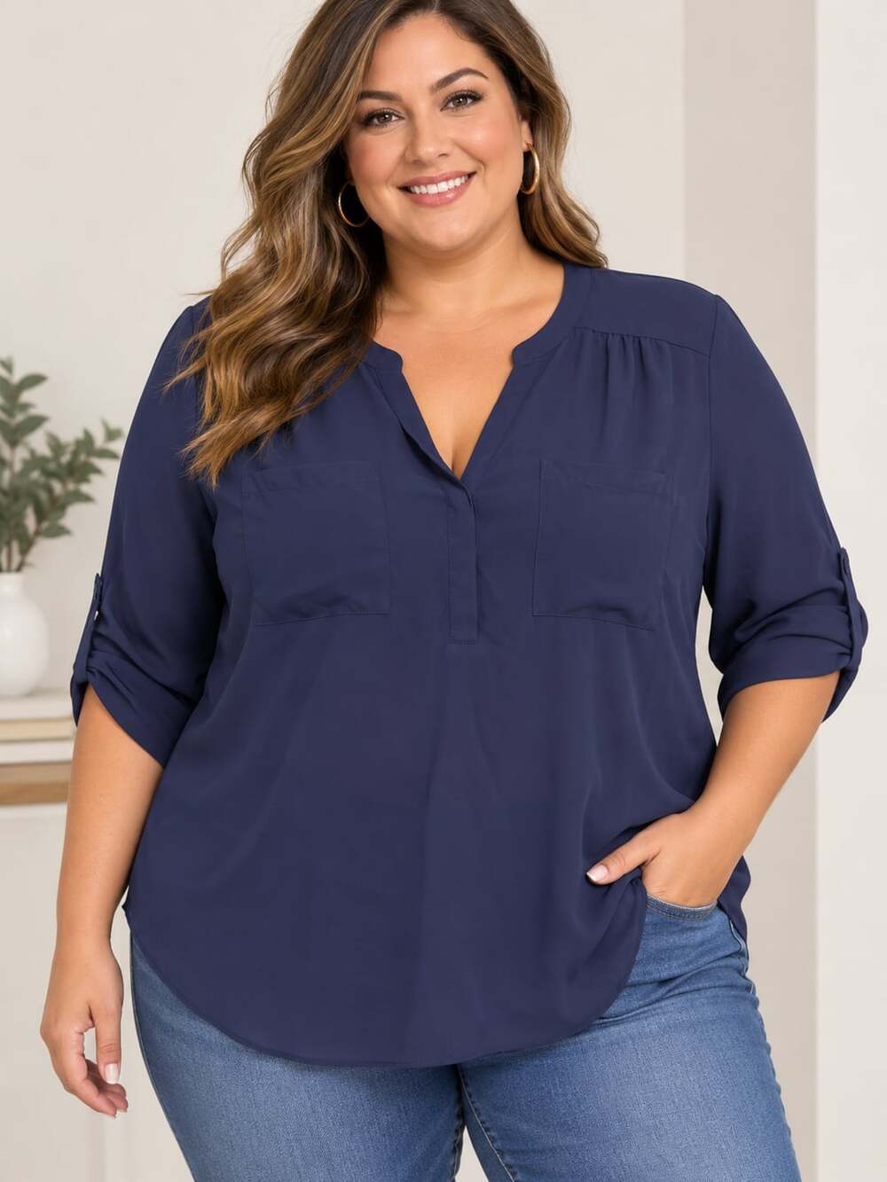 Torrid Harper Georgette Blouse Size 2 Navy Blue 3/4 Sleeve Pullover